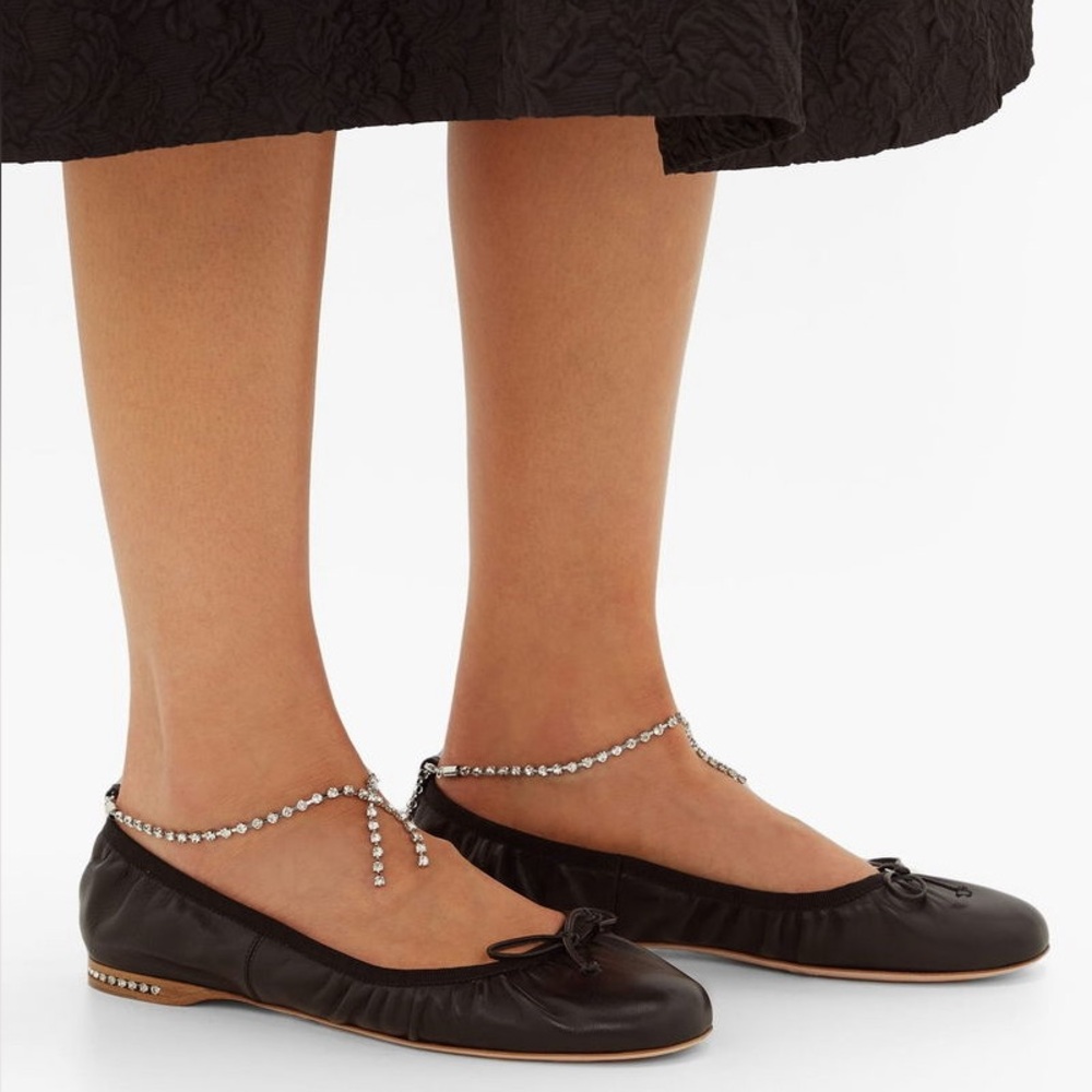 Miu Miu Crystal-Anklet Leather Ballet Flats